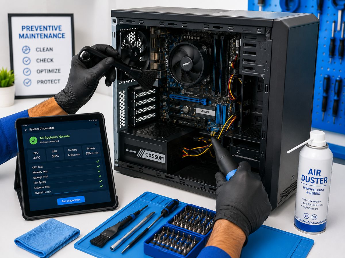 technician performing preventive maintenance on a desktop computer