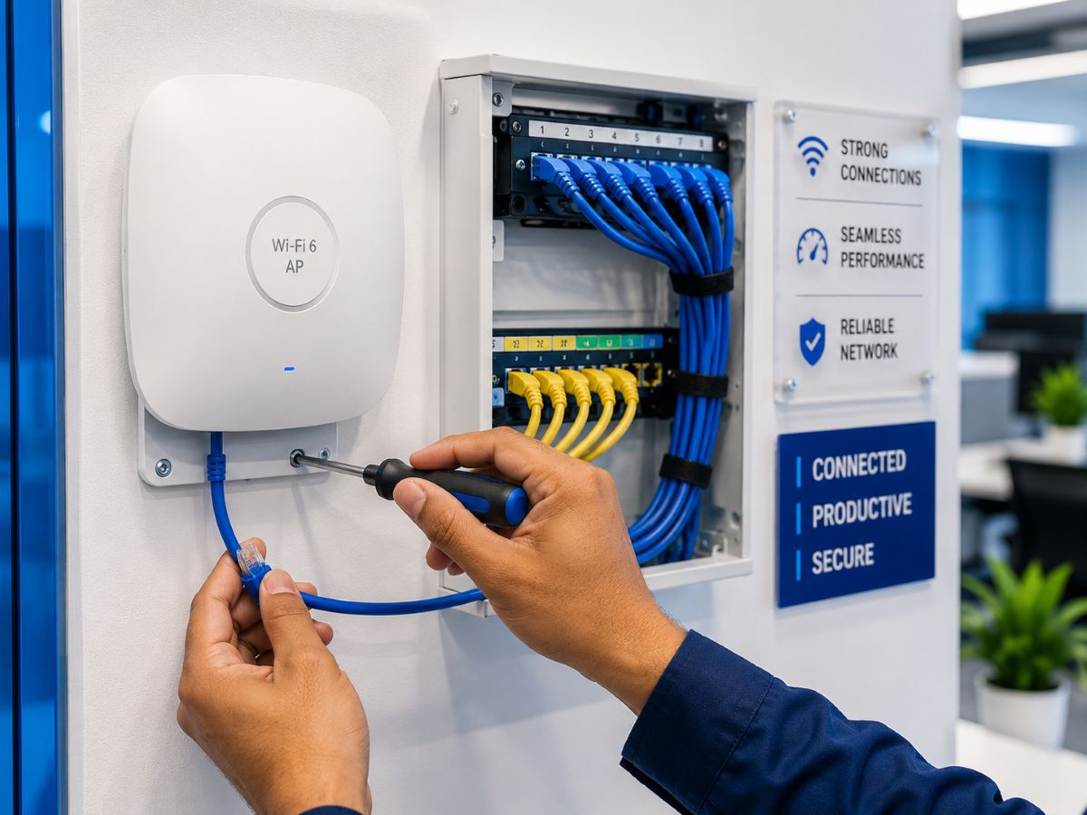 technician installing a Wi-Fi access point and network cabling