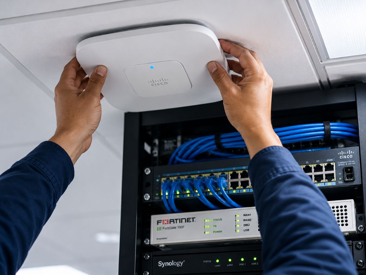 technician installing a Wi-Fi access point in an office network