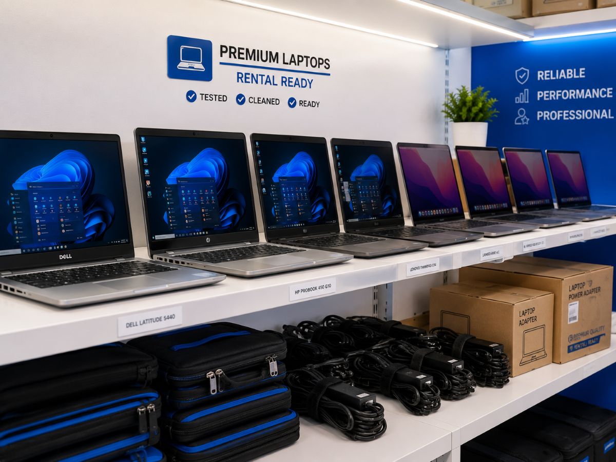 row of premium laptops ready for rental delivery