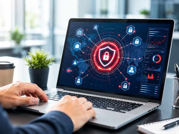 cyber security shield over a server rack