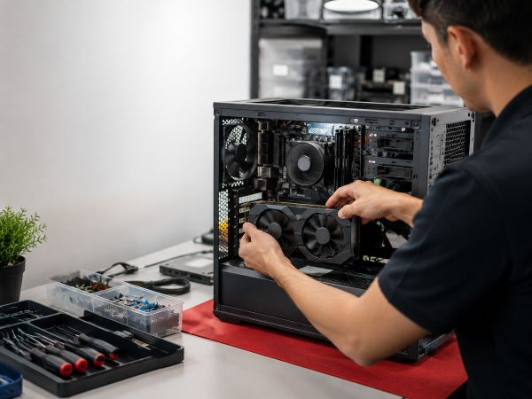 technician repairing a laptop motherboard