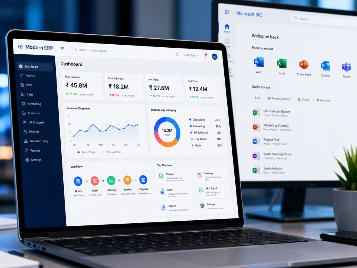 ERP and productivity suite dashboard on a laptop screen